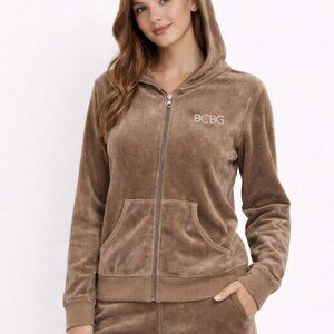 BCBG MAXAZARIA Velour Sweater Womens Medium Brown Bedazzled Zip Long Sleeve